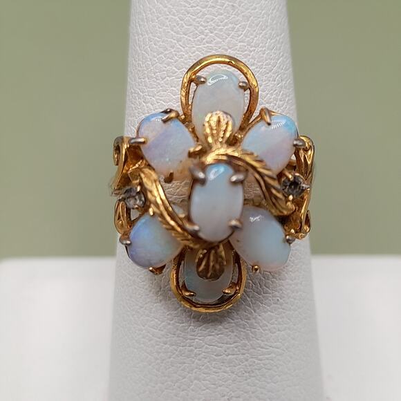 Vintage KAOS Opal Ring, Size 6 3/4, 14KHGE, 2 Dark Rhinestones - Picture 4 of 10